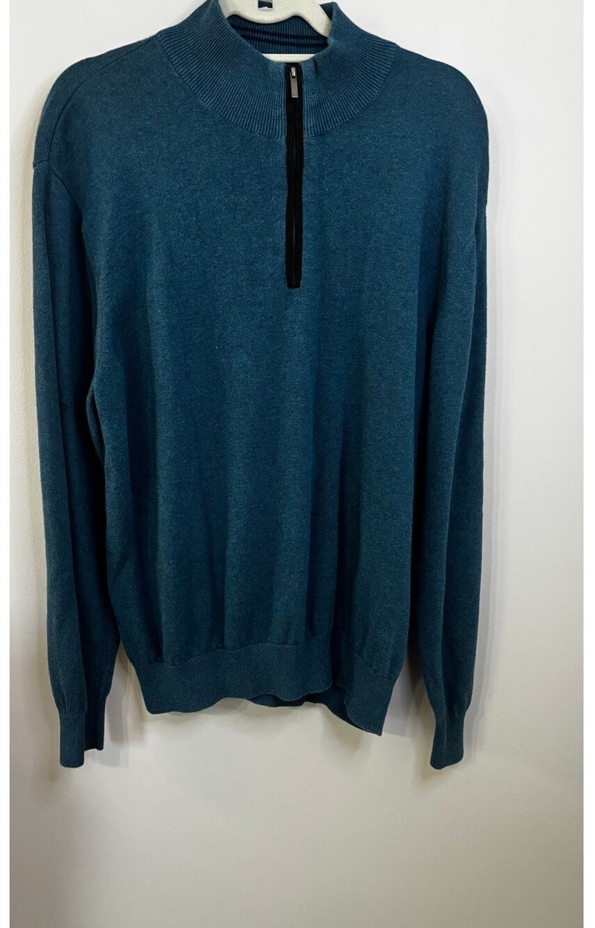 EUC Alan Flusser 100% cotton quarter-zip sweater, blue w/black zipper, LARGE